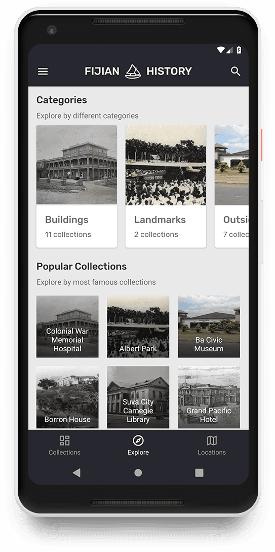Fijian History app, explore screen